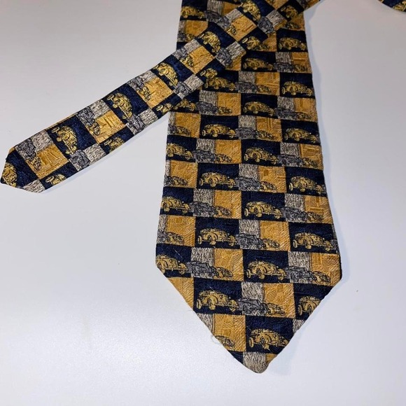 Yellow and navy blue vintage 90s‎ cars Studio by Fumagalli's patterned silk Tie - Picture 2 of 5